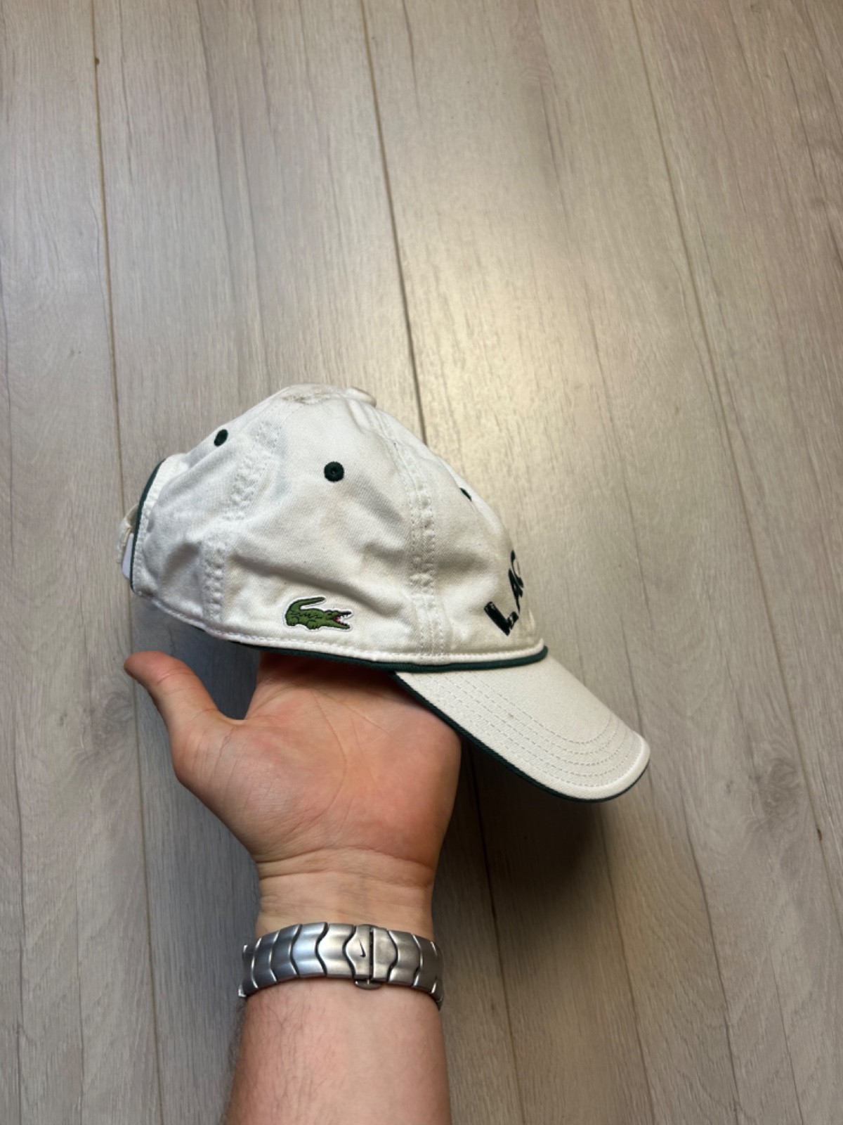 Vintage Lacoste Baseball Cap Hat White Green Spellout Embroidered Logo Strapback