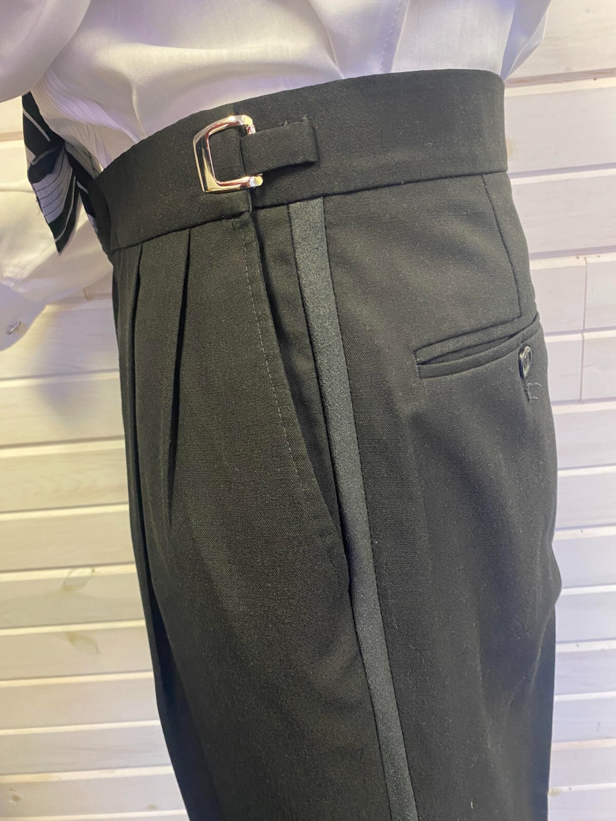 Black Pleated Satin Stripe Tuxedo Pant – 100% Wool!