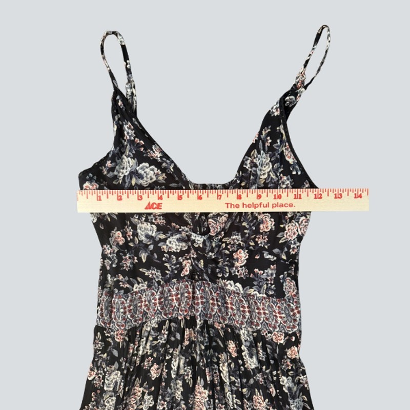 Angie Black Floral Tiered Boho Maxi Dress Spaghetti Strap 100% Rayon Size M
