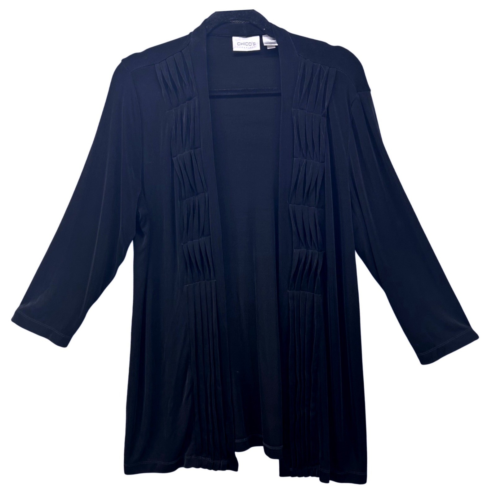 Chicos Womens Cardigan Size L Or 2 Black Slinky Knit Travelers Classic Timeless