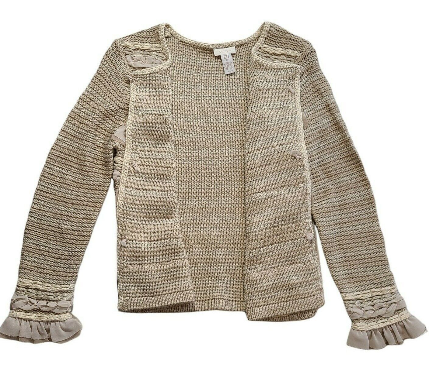 Chicos Womens Loose Weave Sweater Cardigan Crochet Ruffle Braid Size XS 00