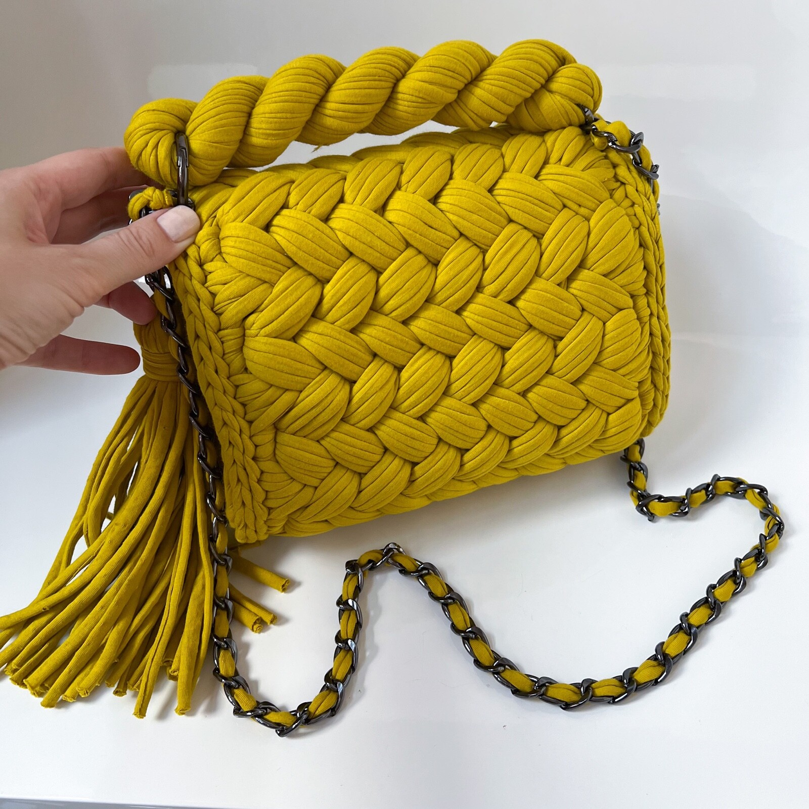 $159 NWOT Handmade Crochet Knitted Luxury Fashion Shoulder Bag Mustard Yellow