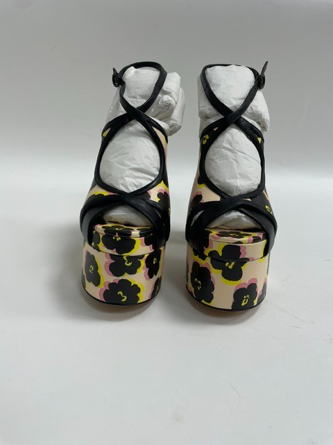 Lanvin Paris Black Floral Platform Sandal Heels Ankle Strap EU37 US 7 MSRP $2145