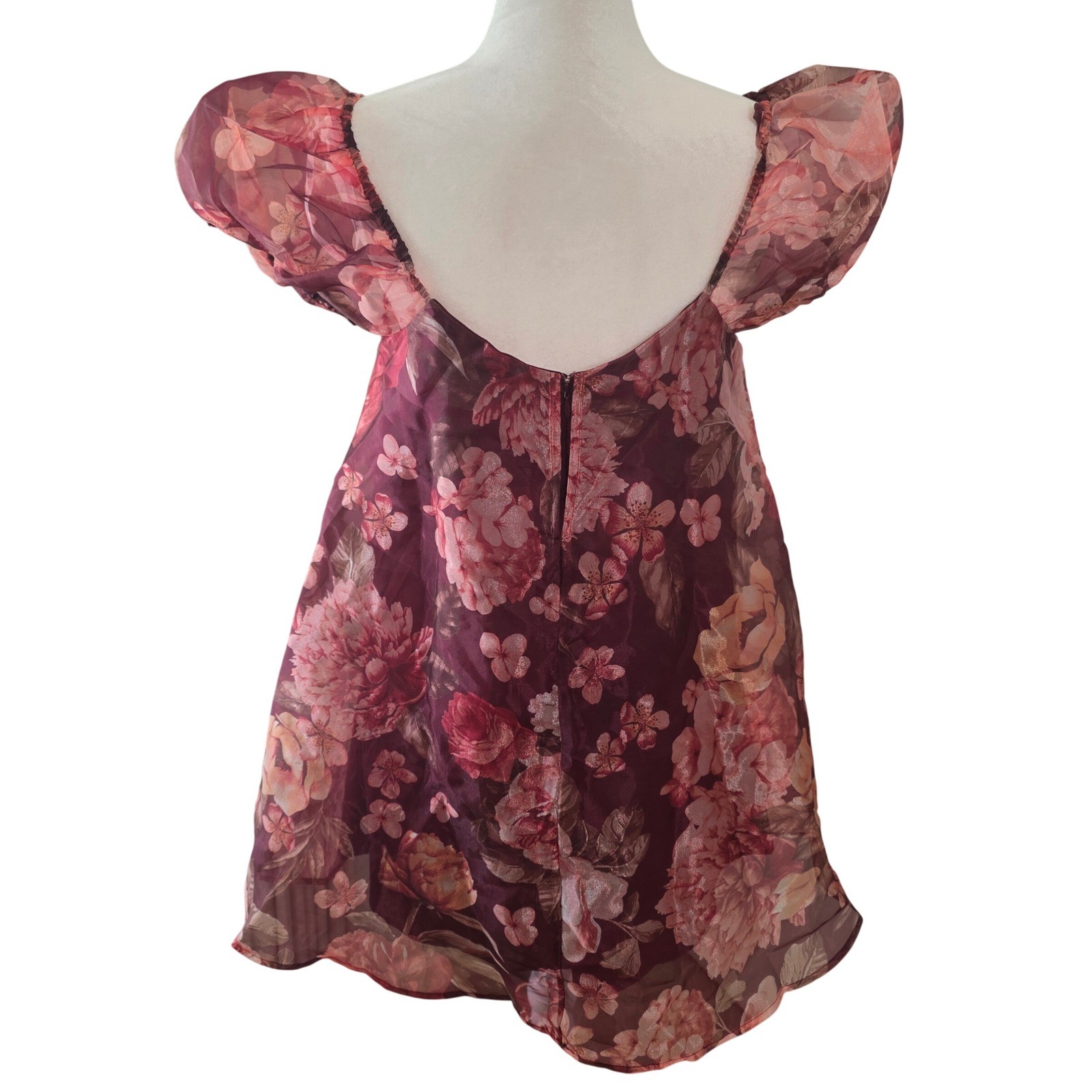 Lulus Mini Dress NWT Burgundy Wine Red Floral Rose Organza Babydoll Medium
