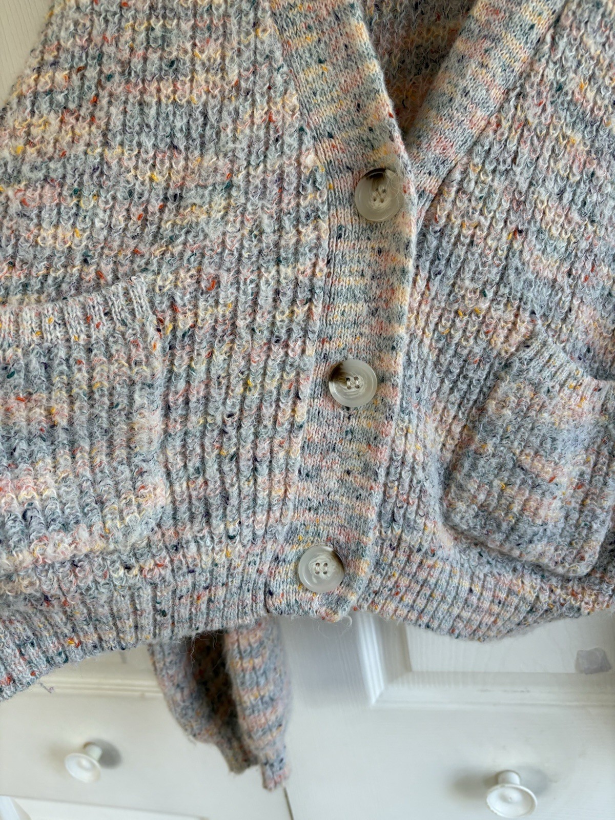 BB Dakota Ivory Pink Blue V-Neck Chunky Knit Ribbed Cardigan Academia Teacher M