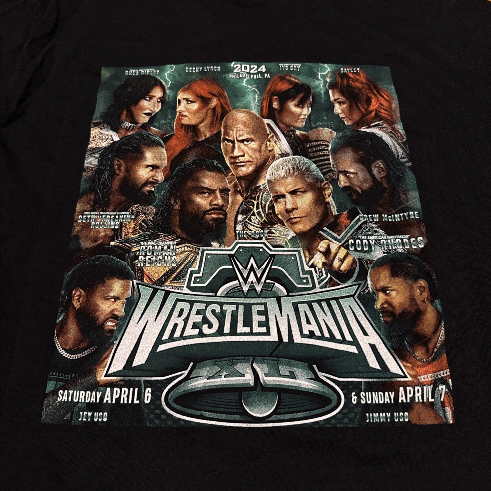 WWE WrestleMania 2024 T Shirt Black Double Sided Mens WWE Wrestling Size XL New