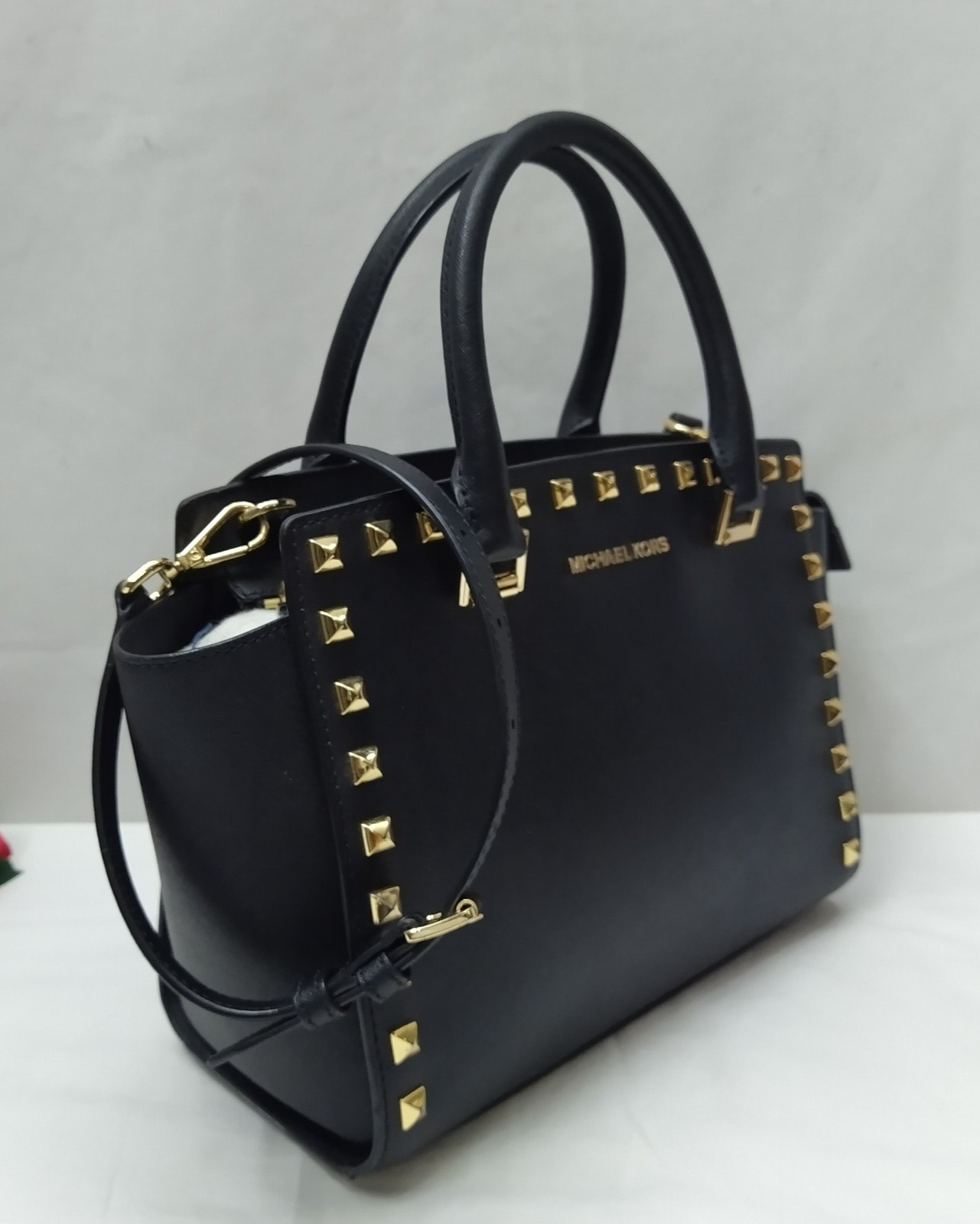 Michael Kors Black Leather Studded Double Handles Satchel Bag