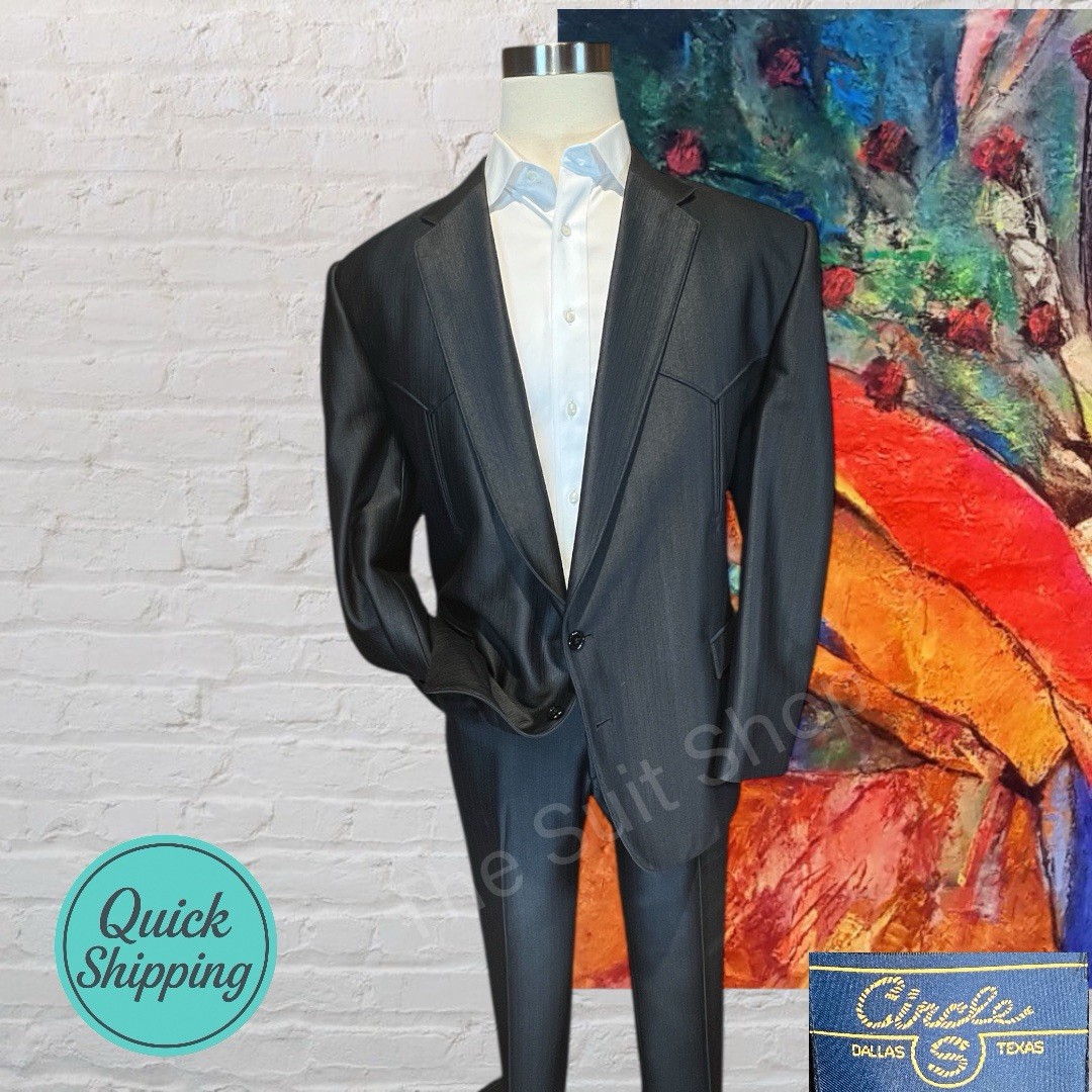 Circle S Dallas Texas 48R 43×29 Black Western Suit Ribbed Satin Finish Cowboy