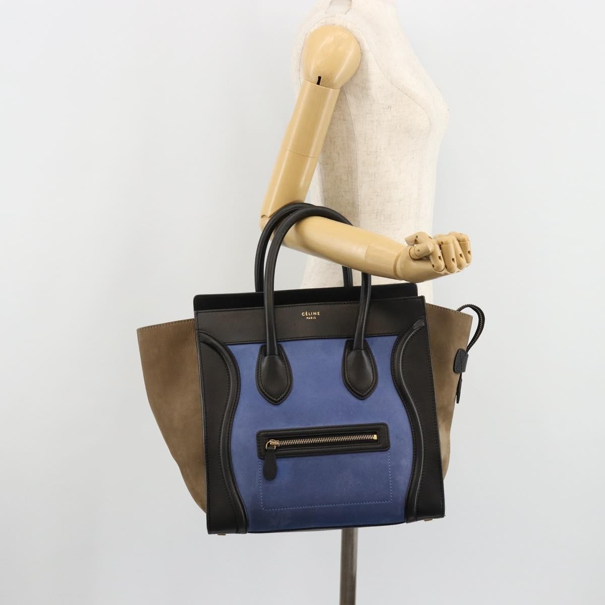 CELINE Luggage Mini Shopper Hand Bag Suede Light Blue Gold Auth ep14637A