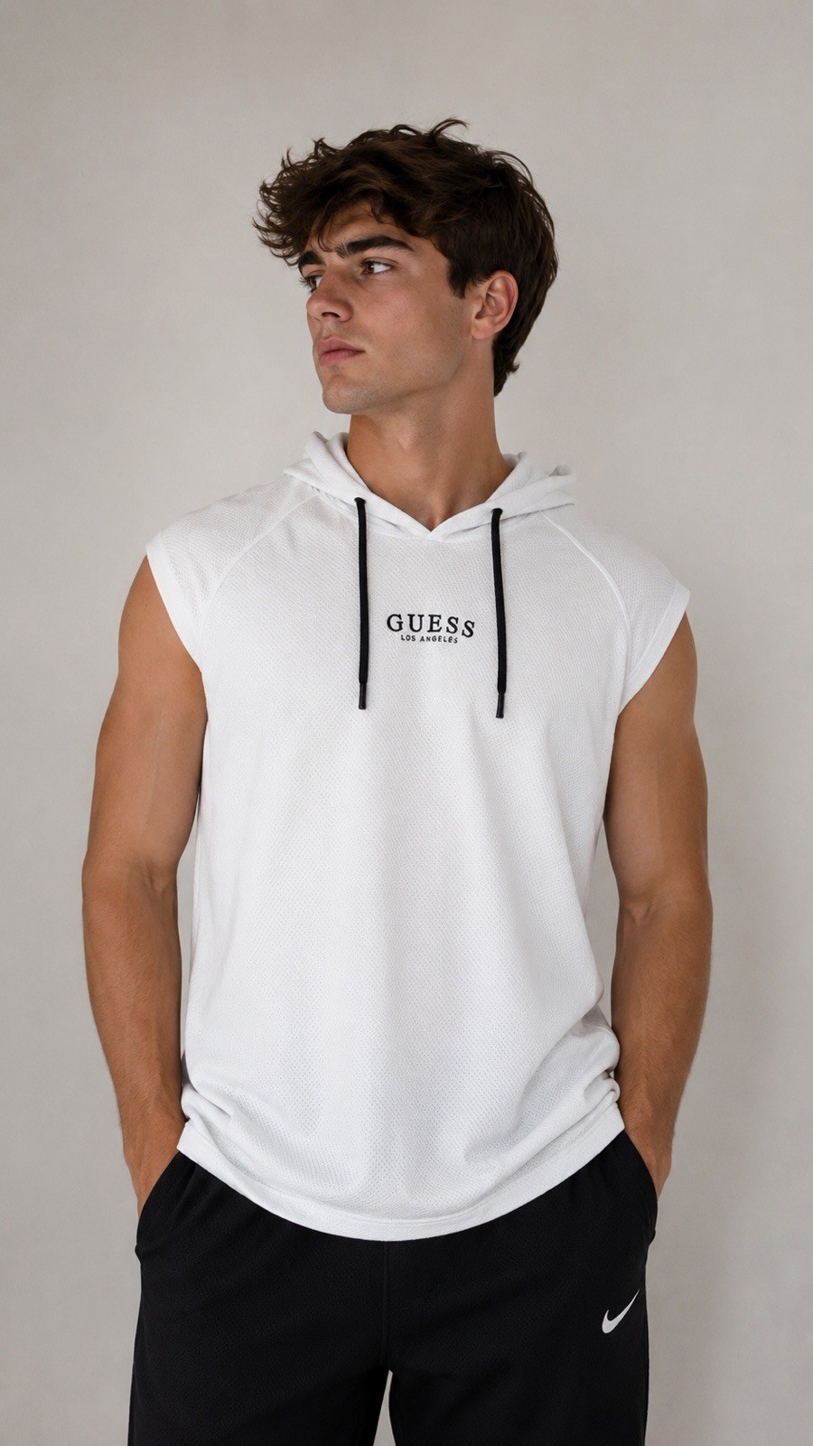 GUESS Men’s S White Sleeveless Pullover Mesh Hoodie Logo Drawstring
