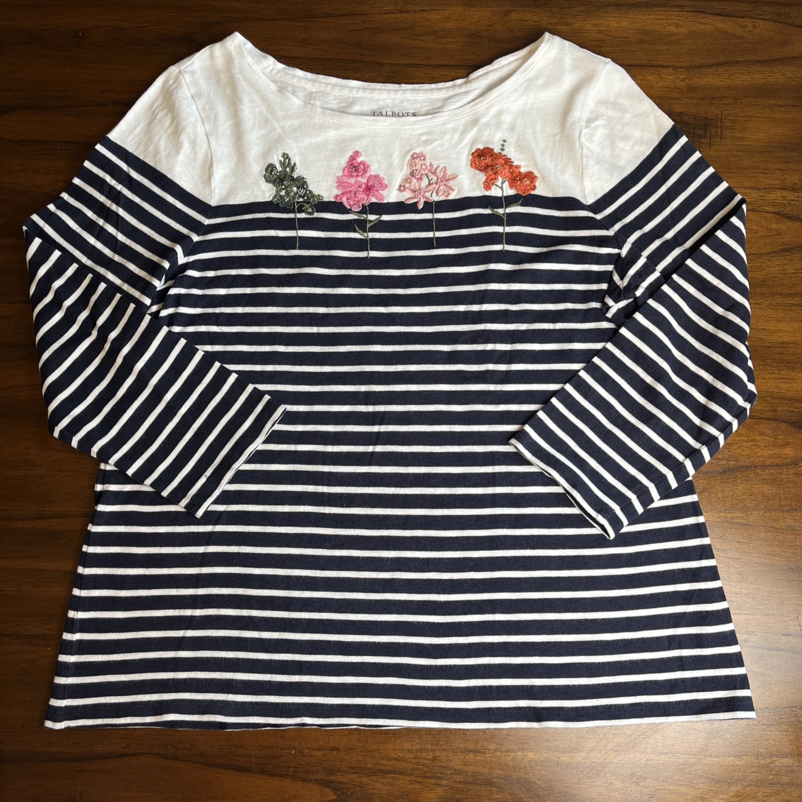 Talbots Large Navy White Stripe Top Embroidered Beaded Flowers Coastal Garden