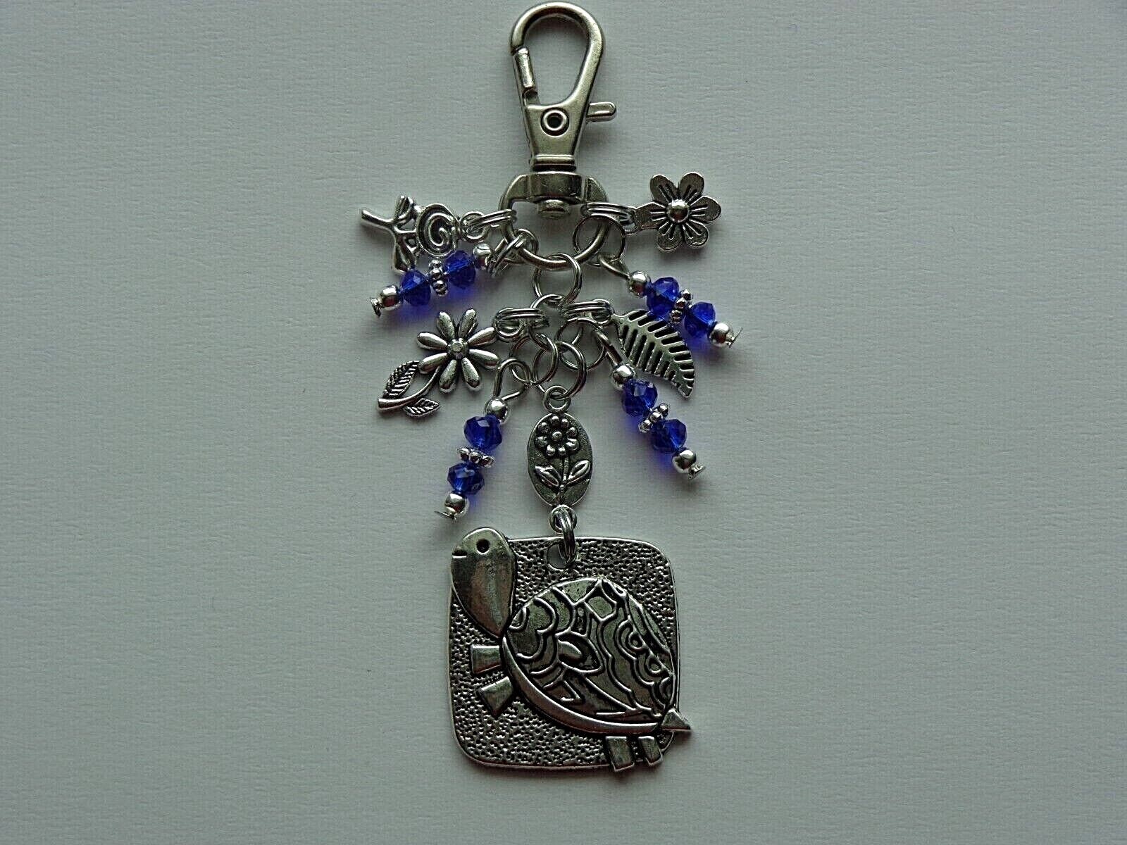 TURTLE FLOWERS BLUE CRYSTAL BEADS KEY CHAIN PURSE CLIP BAG CHARM FOB DANGLE