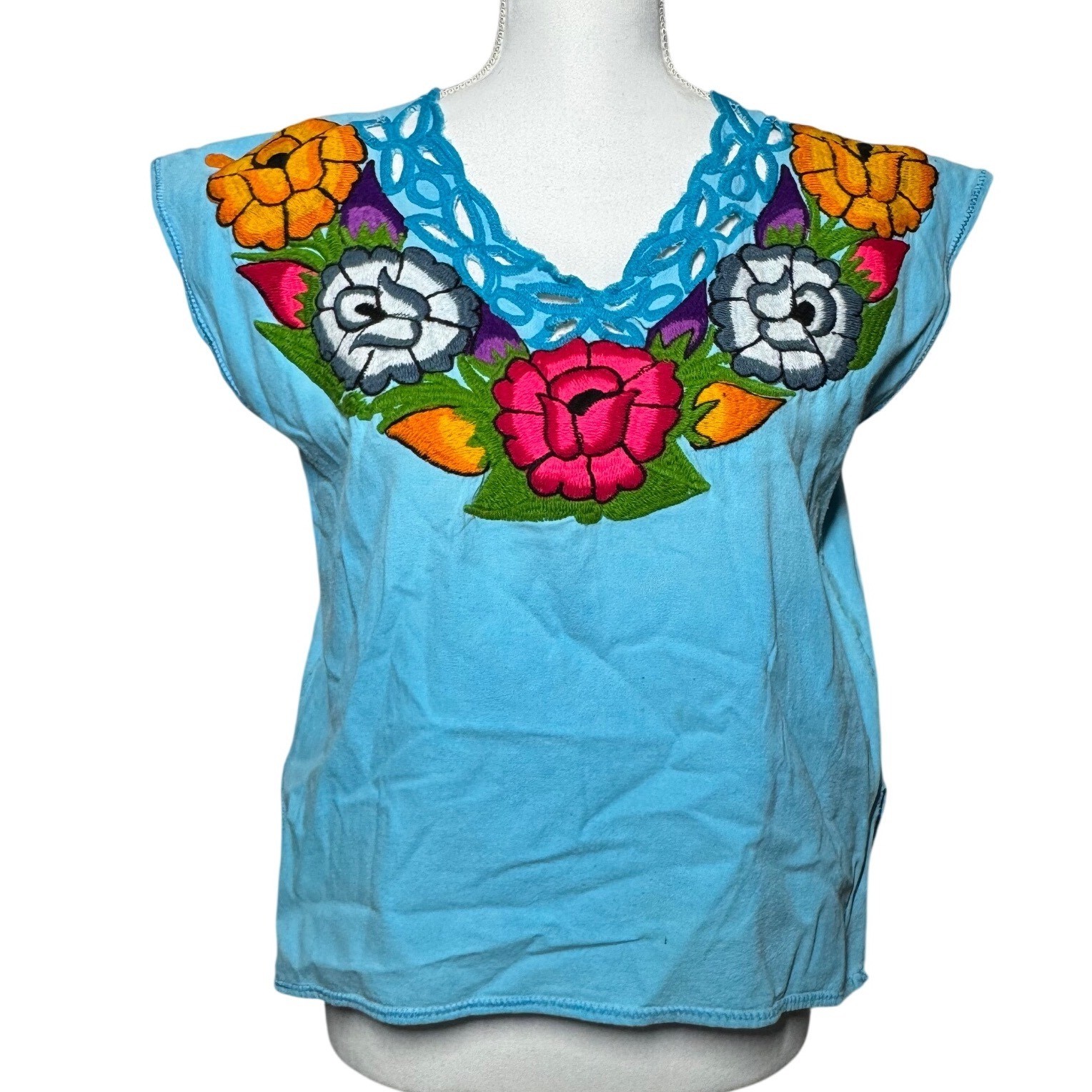 Unbranded Mexican Huipil Floral Embroidered Blouse M Blue Excellent Boho Top