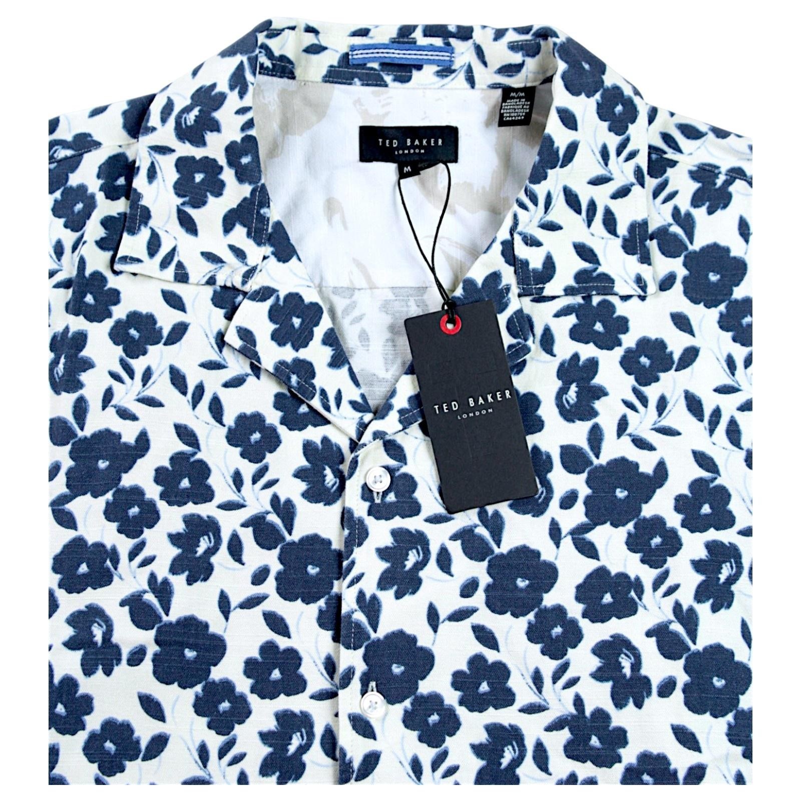 Ted Baker Camp Shirt Mens M Blue Floral Short Sleeve Button Front $150 NEW