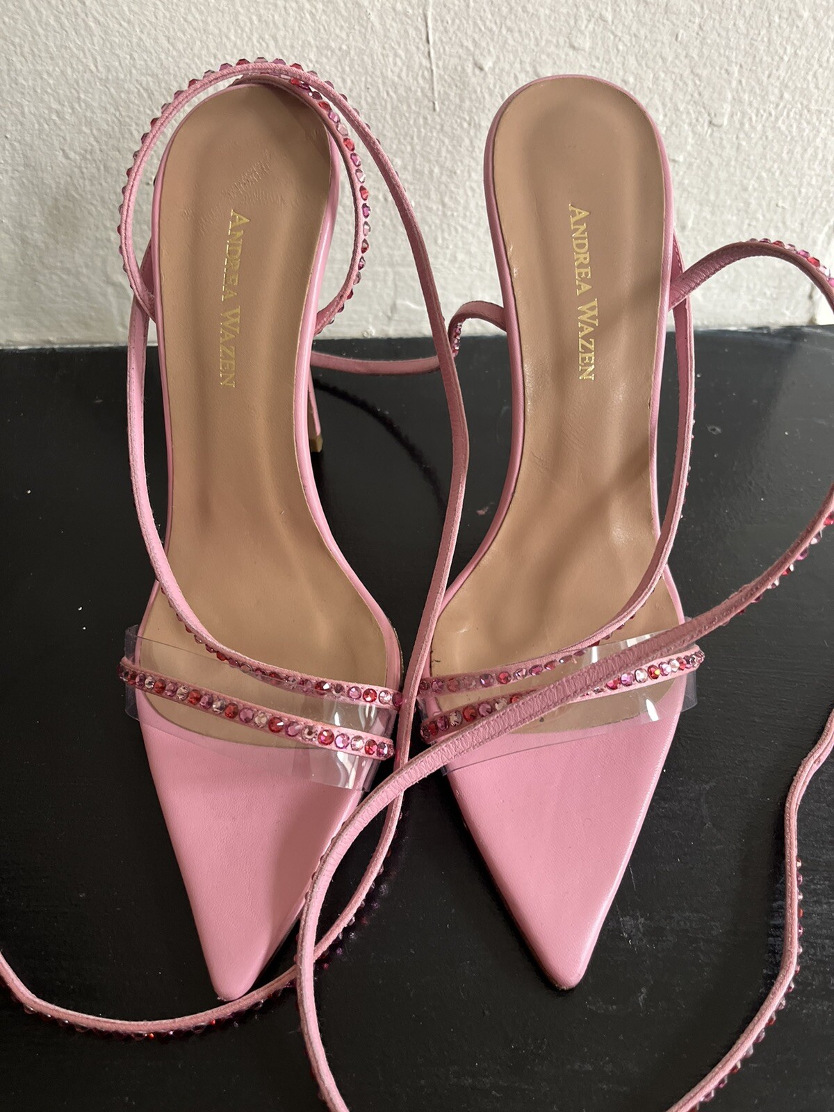 Andrea Wazen Dassy Crystal Pink Leather Heeled Satin Sandals Size 39