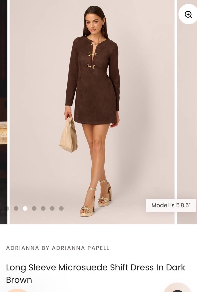 Adrianna Papell Brown Solid Microsuede Shift Dress Long Sleeve Zip Size 2