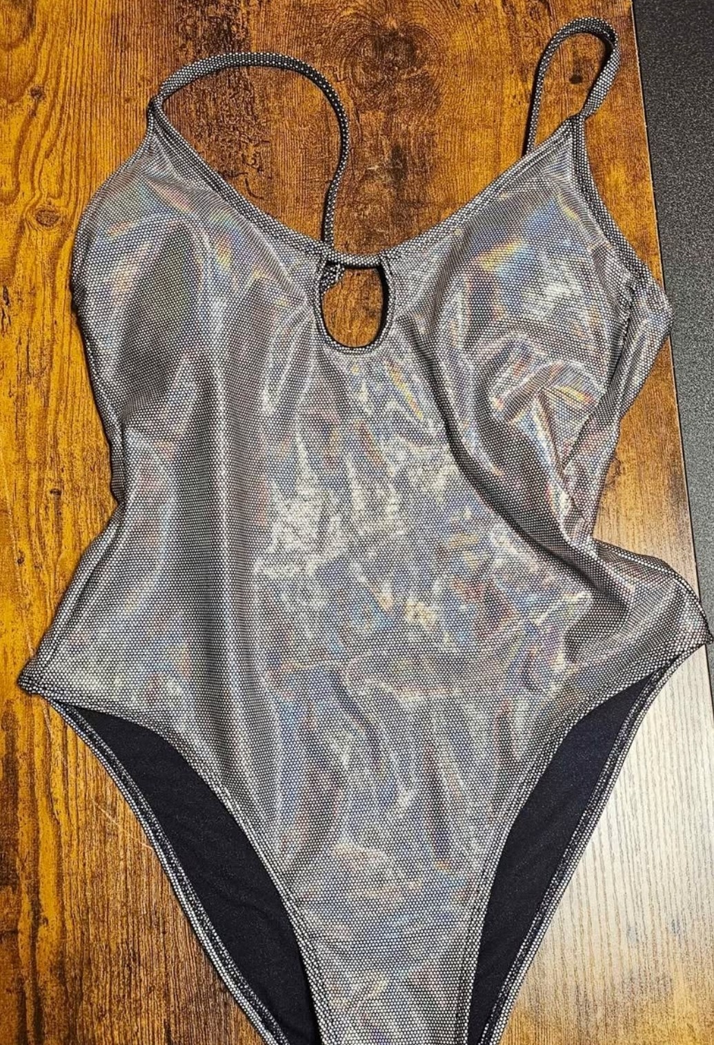 No Boundaries Metallic Silver One-Piece Swimsuit Keyhole Lined Stretch M