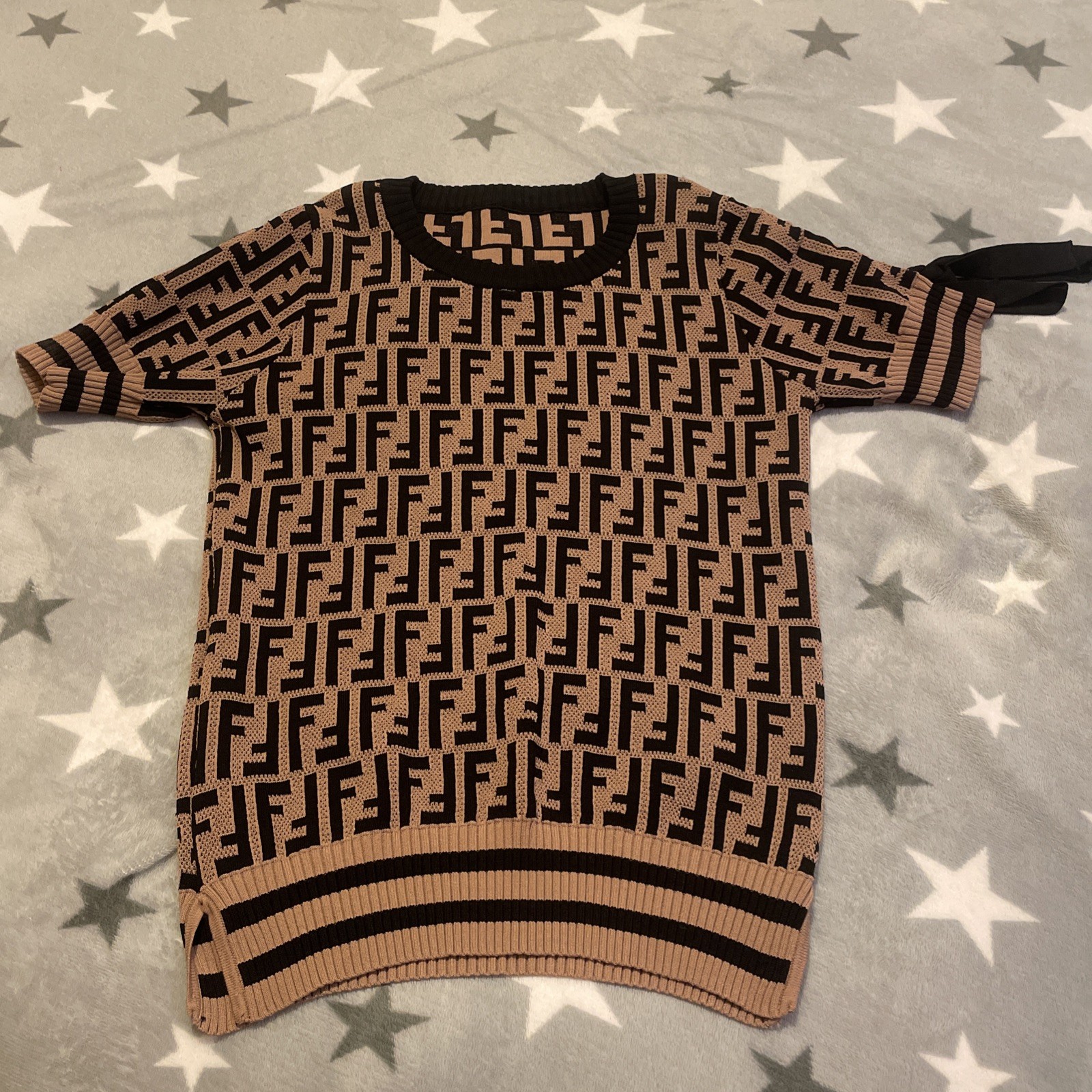 Fendi FF Monogram Short Sleeve Knit Top Bow Sleeve Italy Size 36
