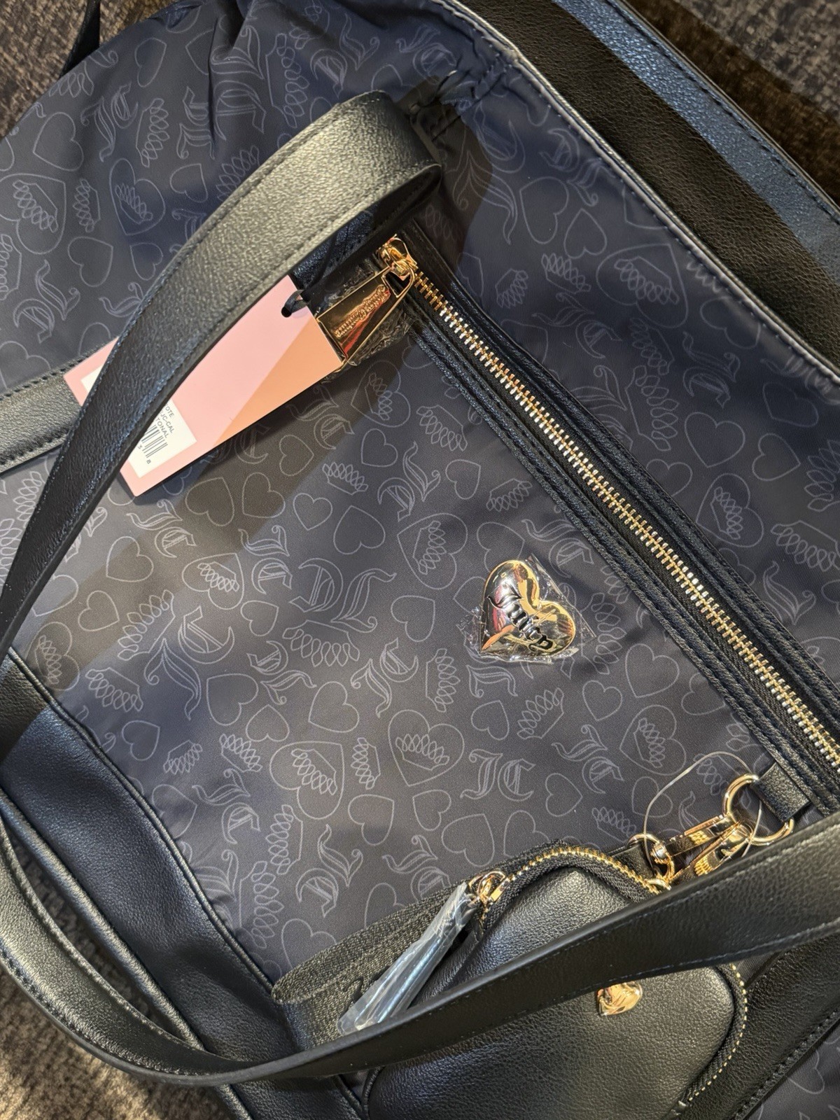 Juicy Couture Black Tonal Logo Large Tote Bag Zip Detachable Strap