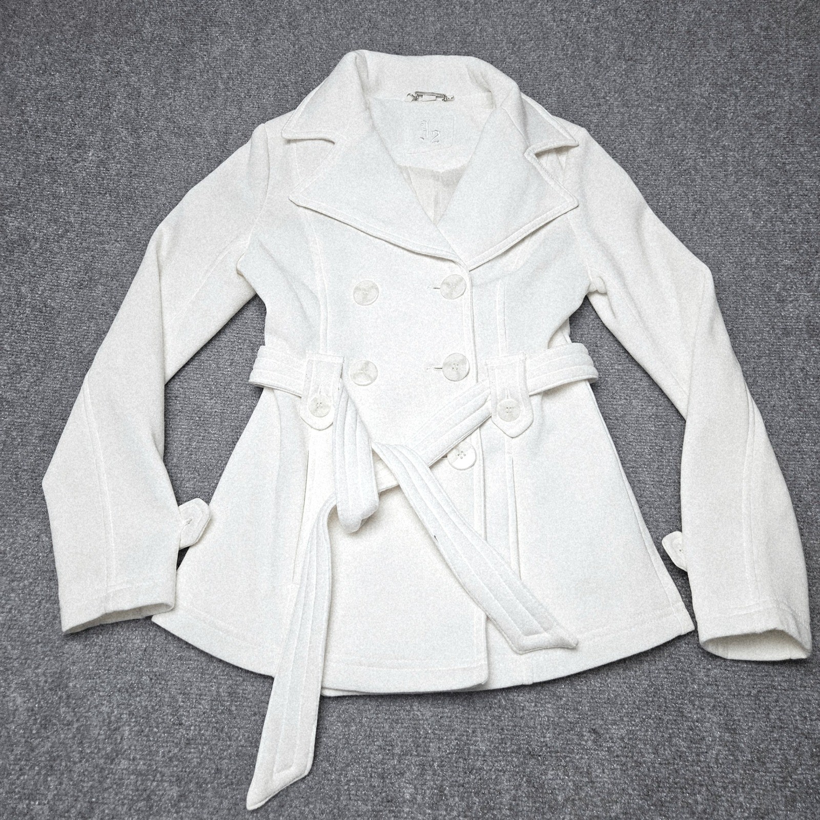 J2 Jou Jou Double Breasted Peacoat Small Beige Cream Belted Pockets Coat Jacket