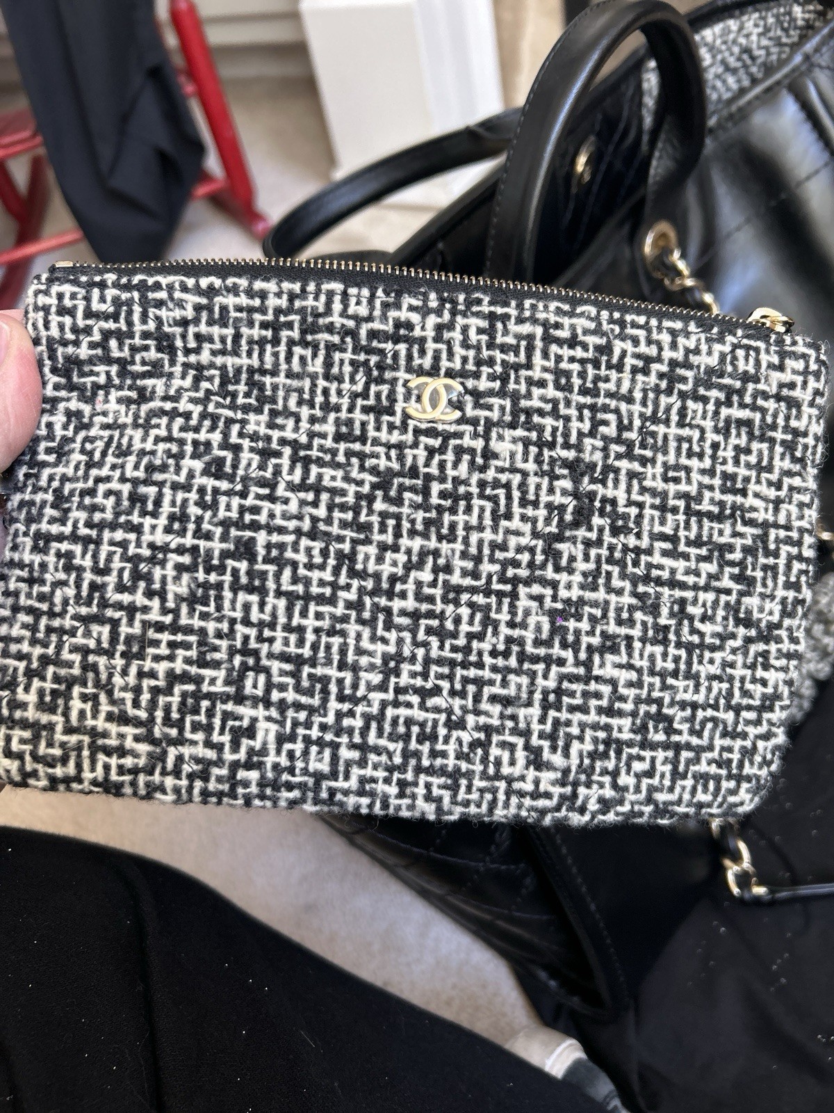CHANEL Deauville leather & tweed handbag shopping tote – black & white