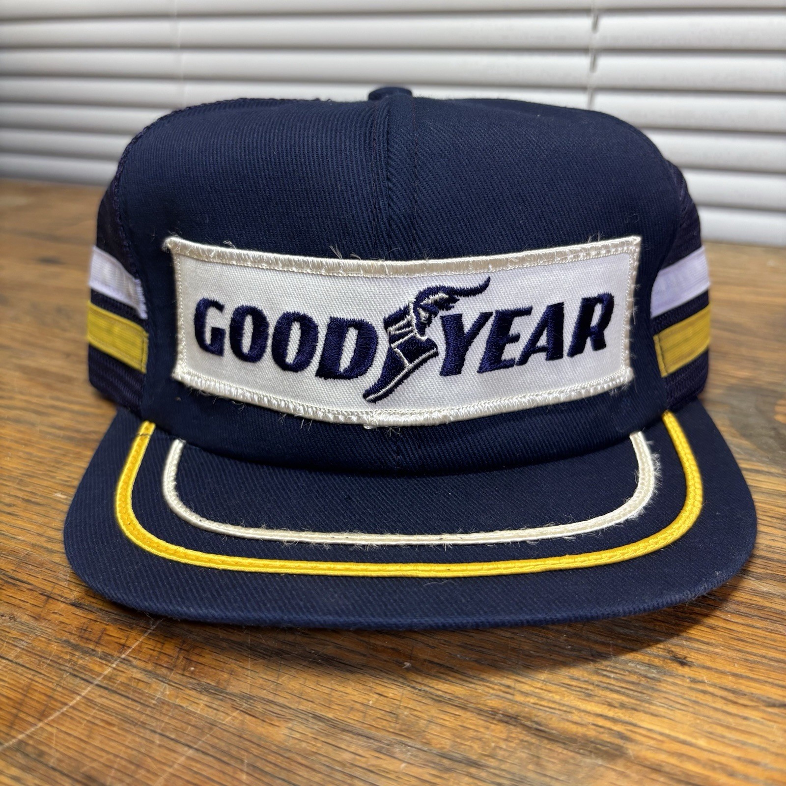 VTG Goodyear Striped Trucker Hat Snapback USA Farm Patch Retro Cap 2 Stripe