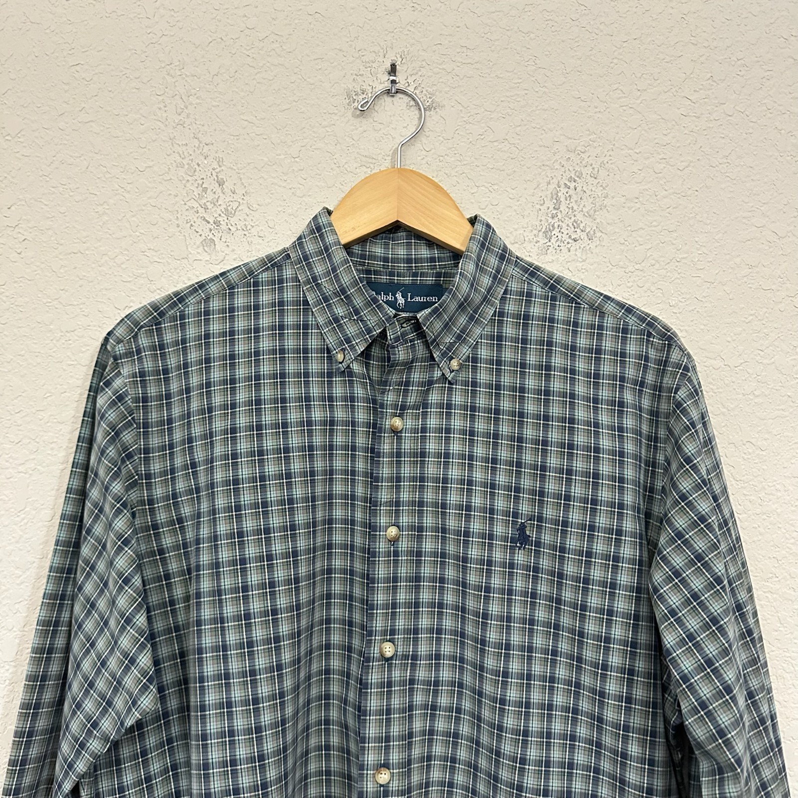 RALPH LAUREN Shirt Mens L Blue Green Plaid Button Down Classic Fit Preppy Retro