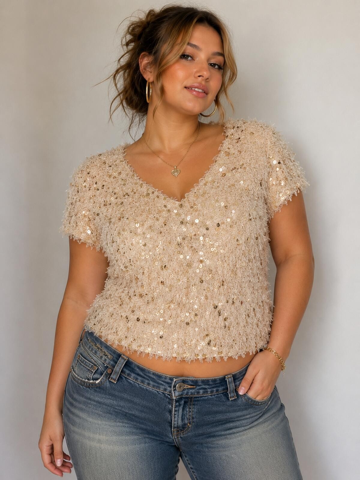 Y2K sequin eyelash knit party top champagne gold size L