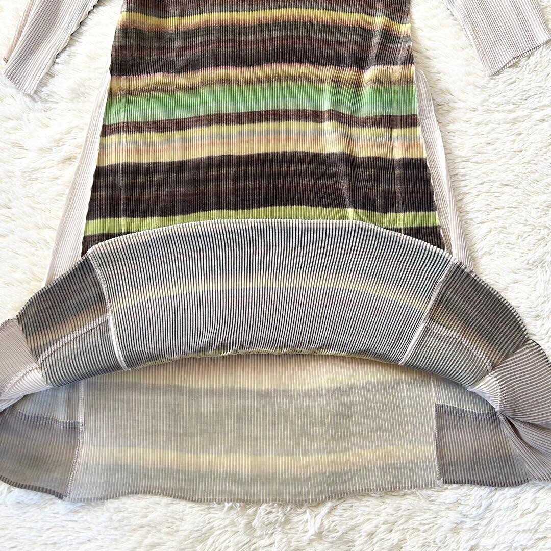 M.&KYOKO Pleated Beige Multi Knee Length 3/4 Sleeve Dress FreeSize Auth