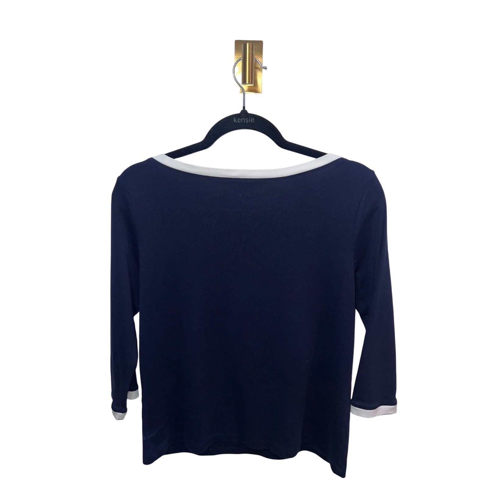 Vintage Ann Taylor Nautical Navy Blue 3/4 Sleeve Boat Neck Contrast Trim- Large