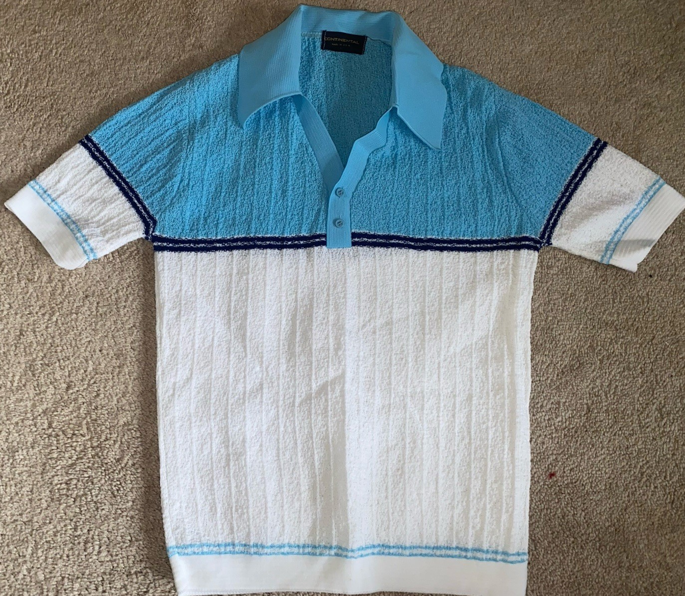 Vintage 60’s Continental Textured Knit Polo Shirt Size Large White / Blue