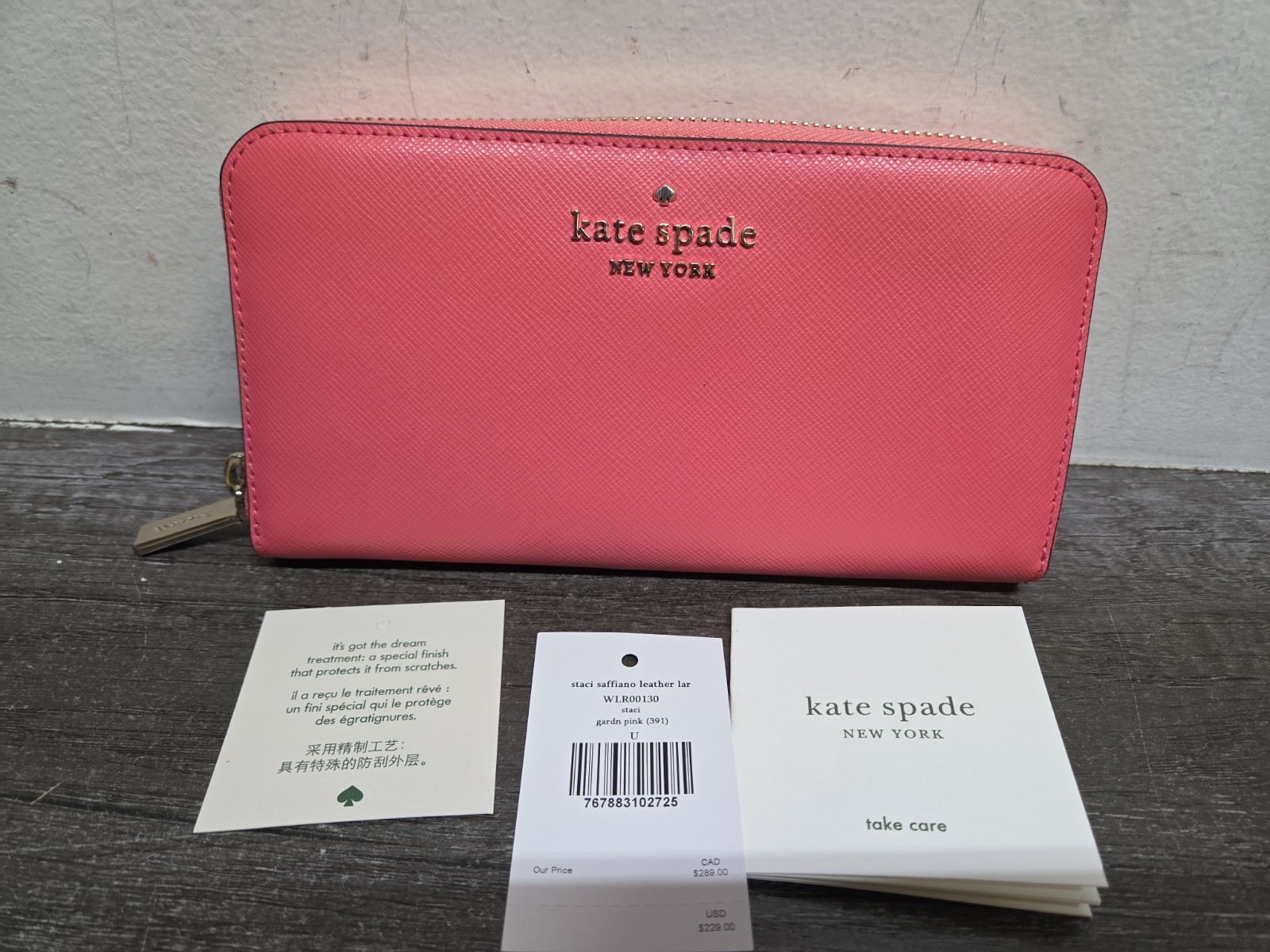 Kate Spade New York Staci Saffiano Leather Large Pink Zip Around Women’s Wallet