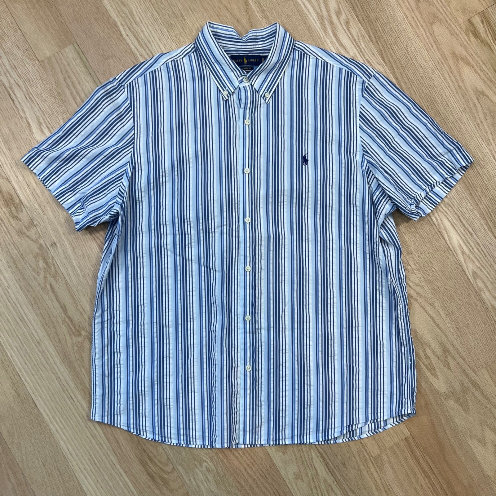 Polo Ralph Lauren Shirt Untucked Fit Men XL Blue White Striped Seersucker Pony