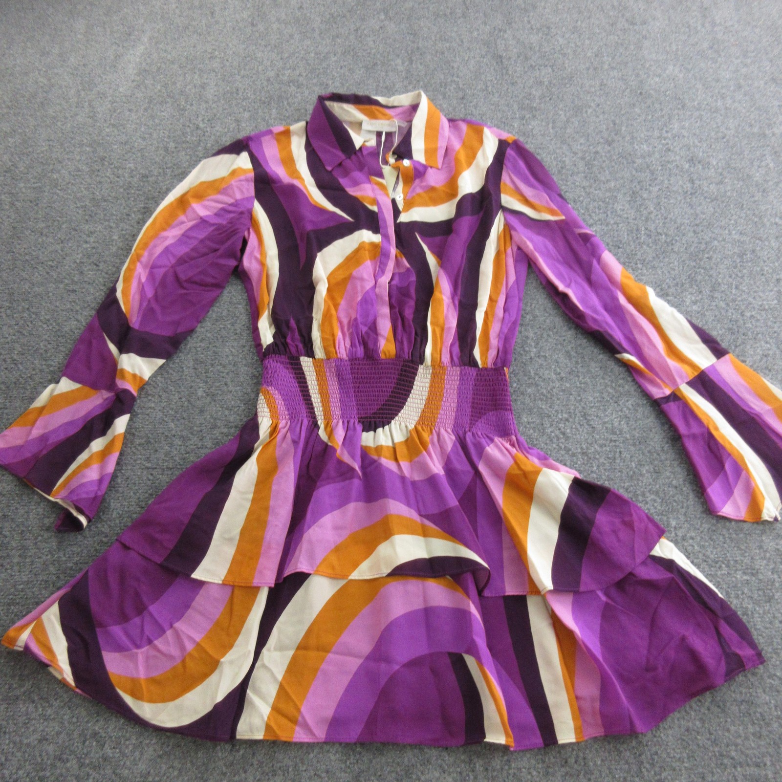 Ramy Brook Dress Womens Petite S/P Purple Geometric Smocked Ruffle Shirt Short