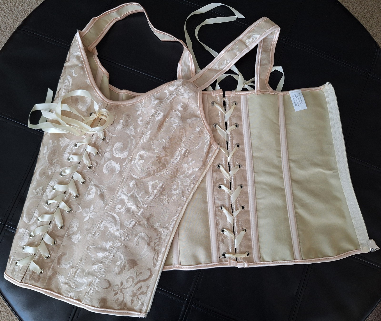 NEW Beige Satin Jacquard Strap Bustier Ribbon Lace up & Zipper Closure Corset L