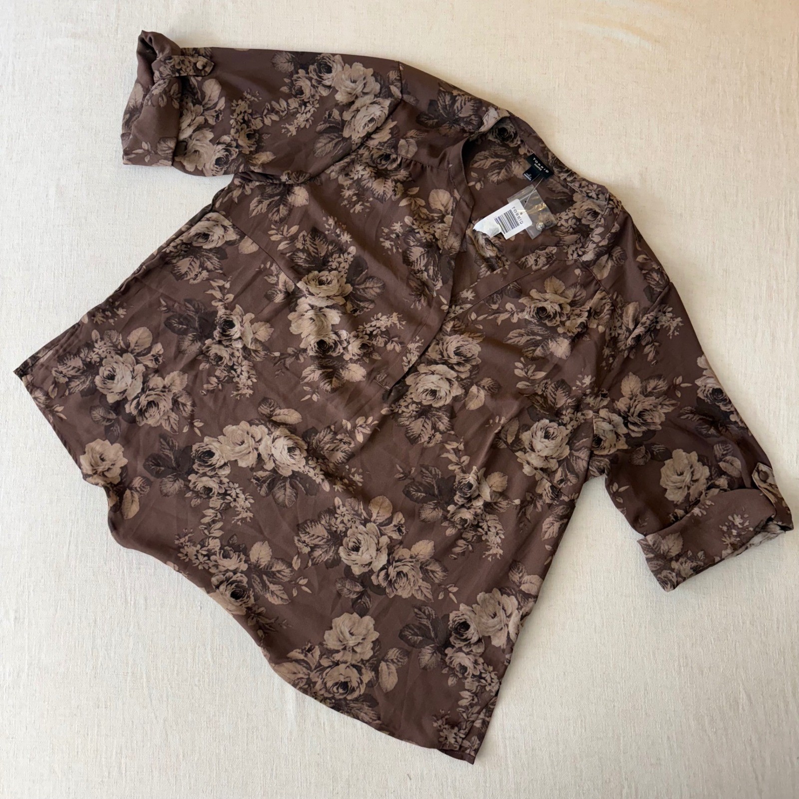 Torrid Harper Blouse 2 Brown Floral Rose Georgette Roll Tab Pullover Top nwt