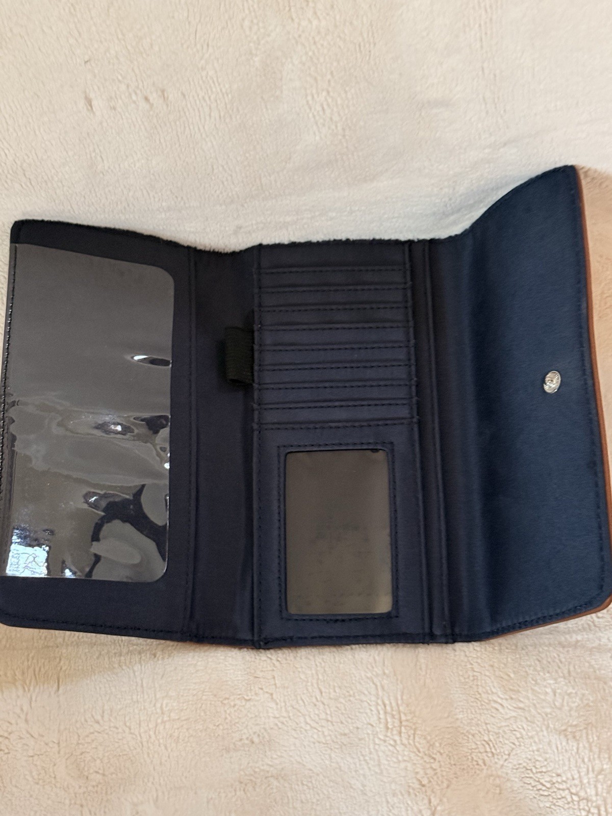 Tommy Hilfiger Geometric Logo Stripe Checkbook Wallet Snap Zip Brown Multi