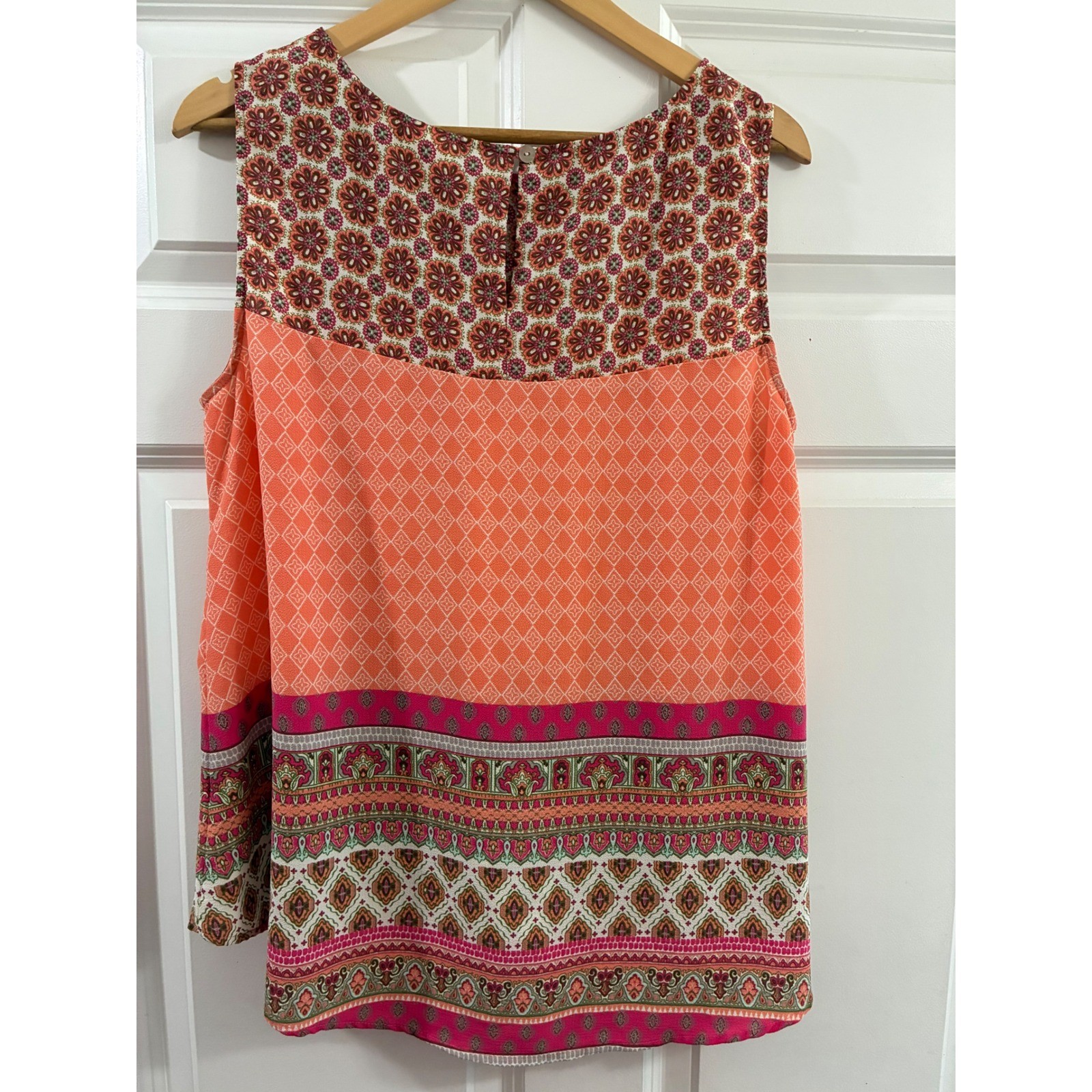 Fig and Flower Orange Pink Floral Geometric Sleeveless Blouse TIL1123 Large