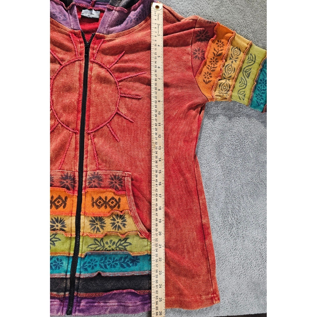 GreaterGood Boho Patchwork Zip Up Hoodie Sun Embroidery Nepal Jacket L/XL