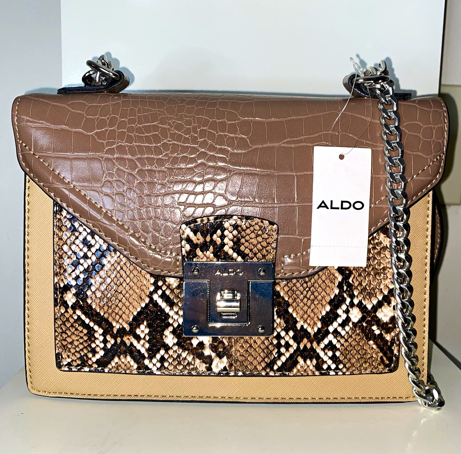 ALDO Women’s Crossbody Bag Animal Print Turn Lock Chain Strap Quilted Studded
