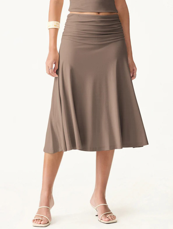 OGLMOVE Flowy Side Ruched A-line Midi Skirt, Iced Mocha (NEW)