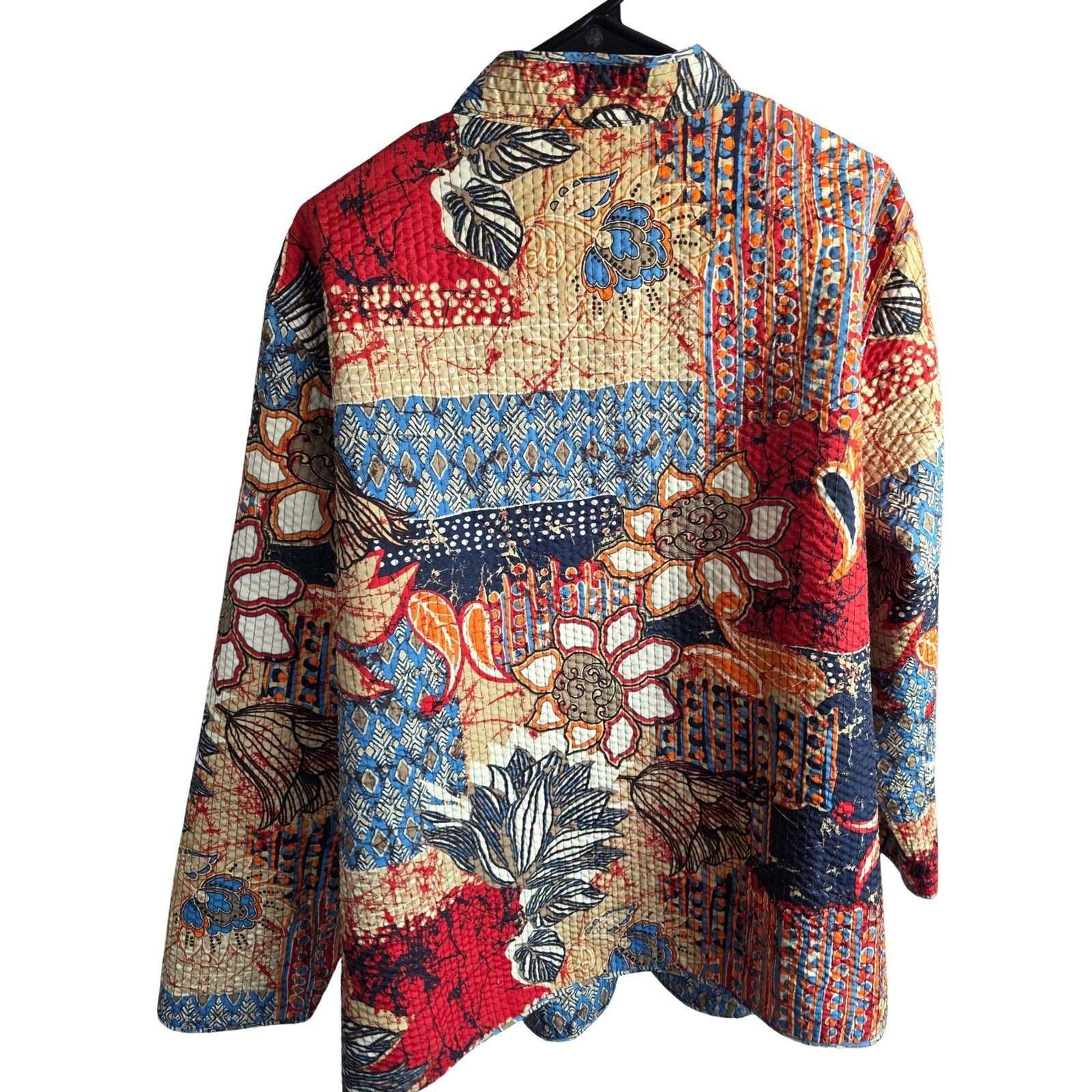 Batik Patchwork Quilted Jacket Open Front Kantha Style Boho Floral Cardigan