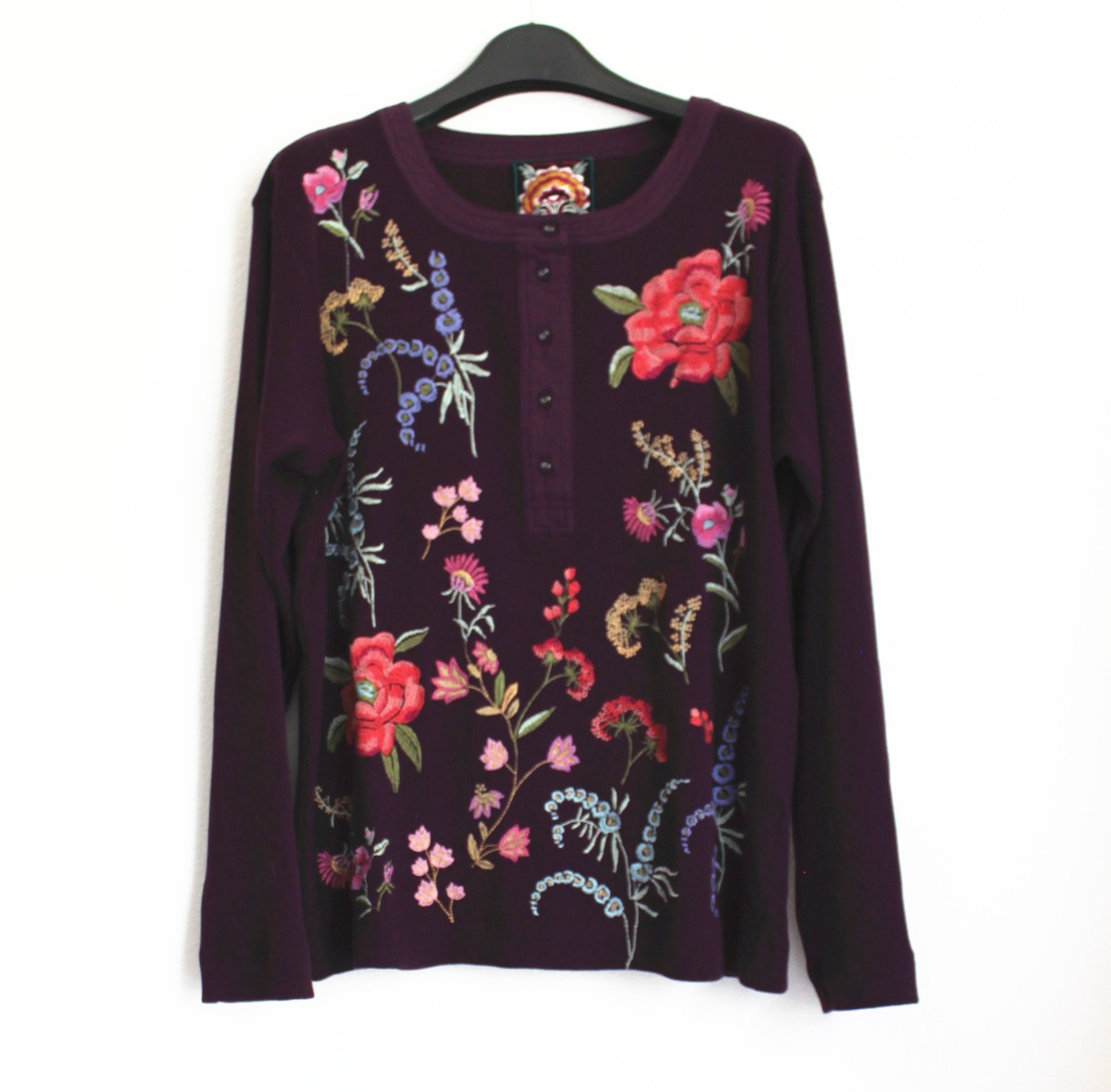 NEW JOHNNY WAS Henley Embroidered Top, Purple, Size XL