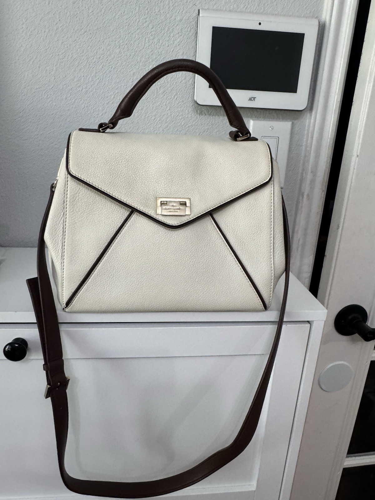Kate Spade New York Ivory Brown Medium Satchel Top Handle Push Lock Det Strap