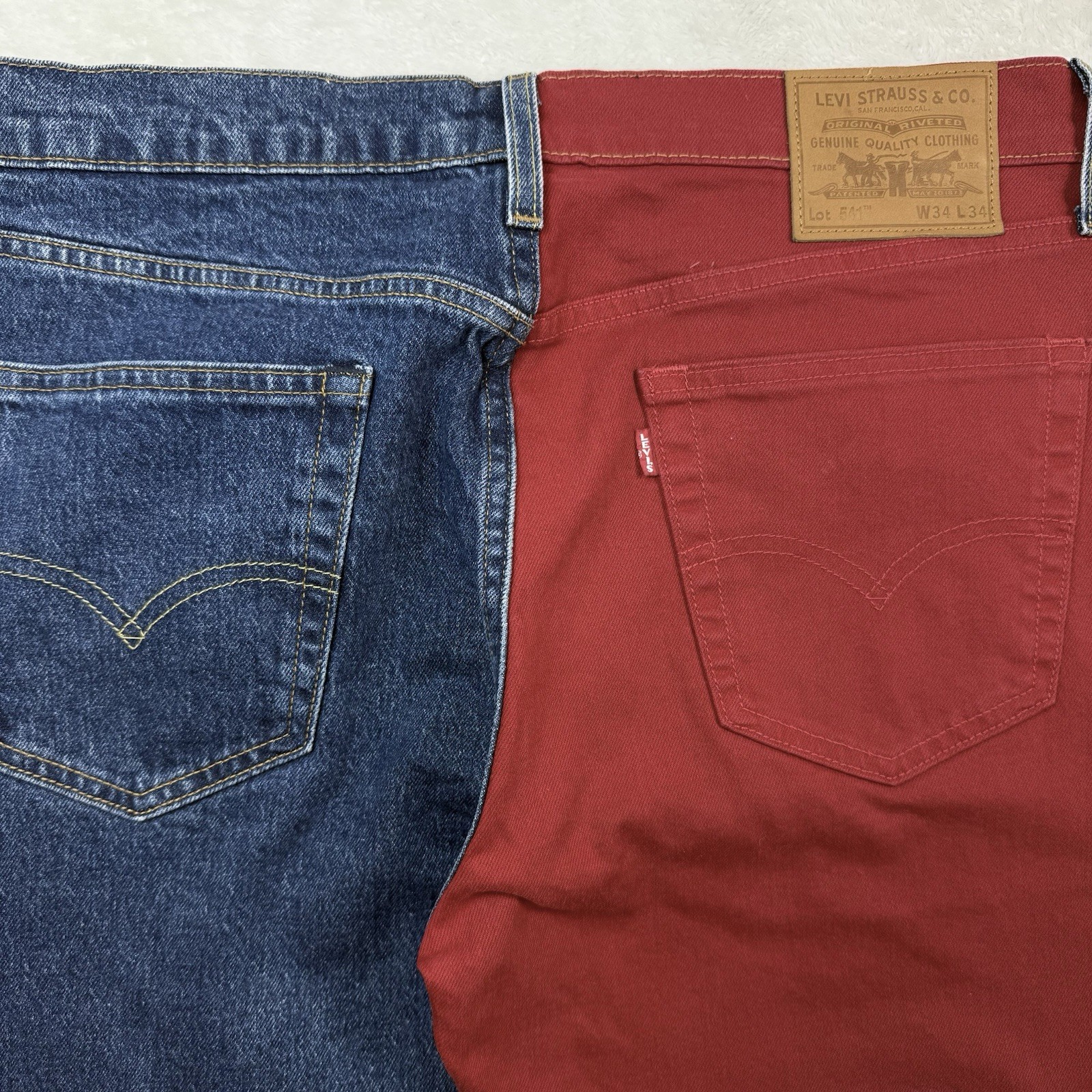 Levi’s 541 Color Block~RARE~Spell Out On Back Leg~Size 34X34~Logo~Blue Red Denim