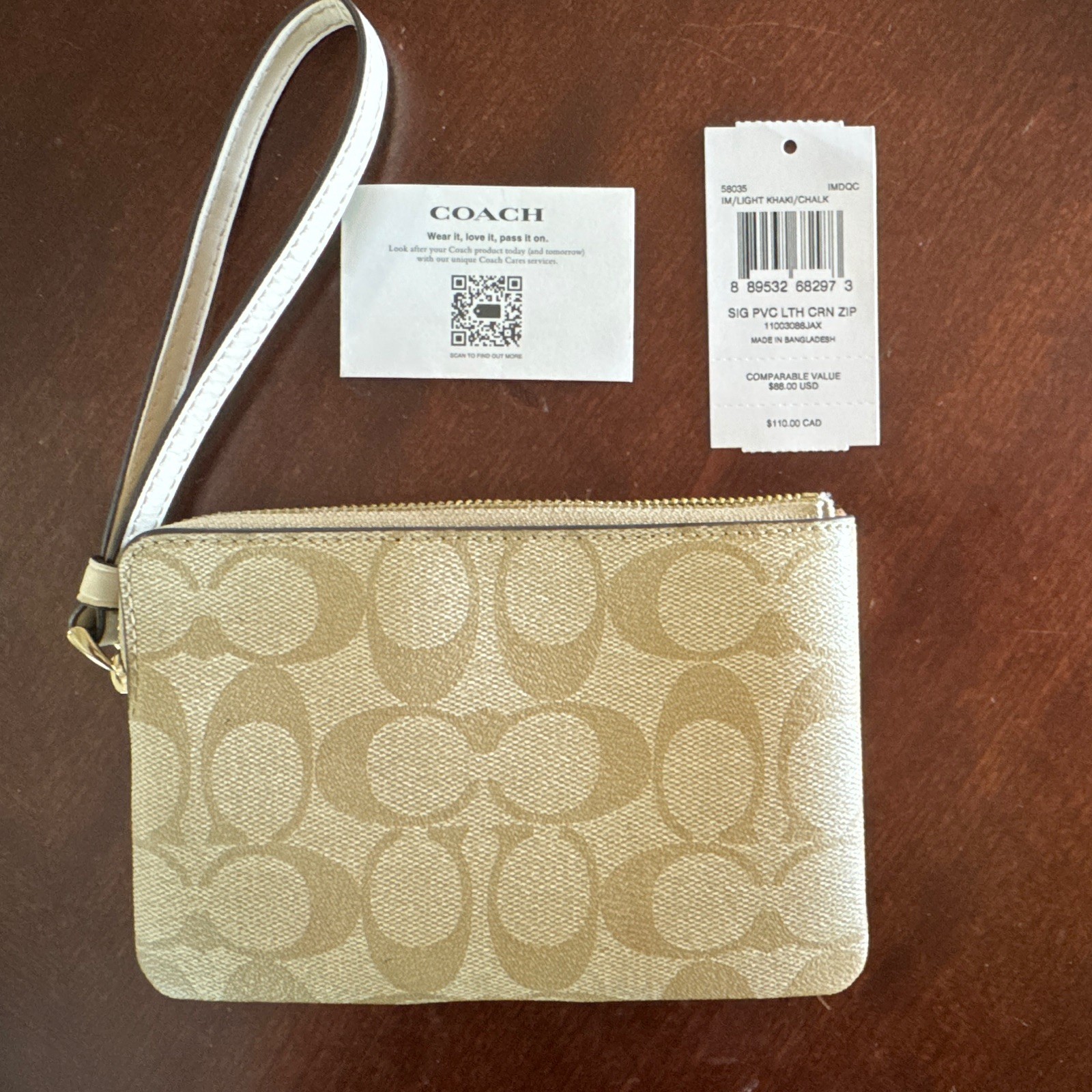 Coach Signature Logo Corner Zip Wristlet w/ Inner Pockets, Khaki/Chalk