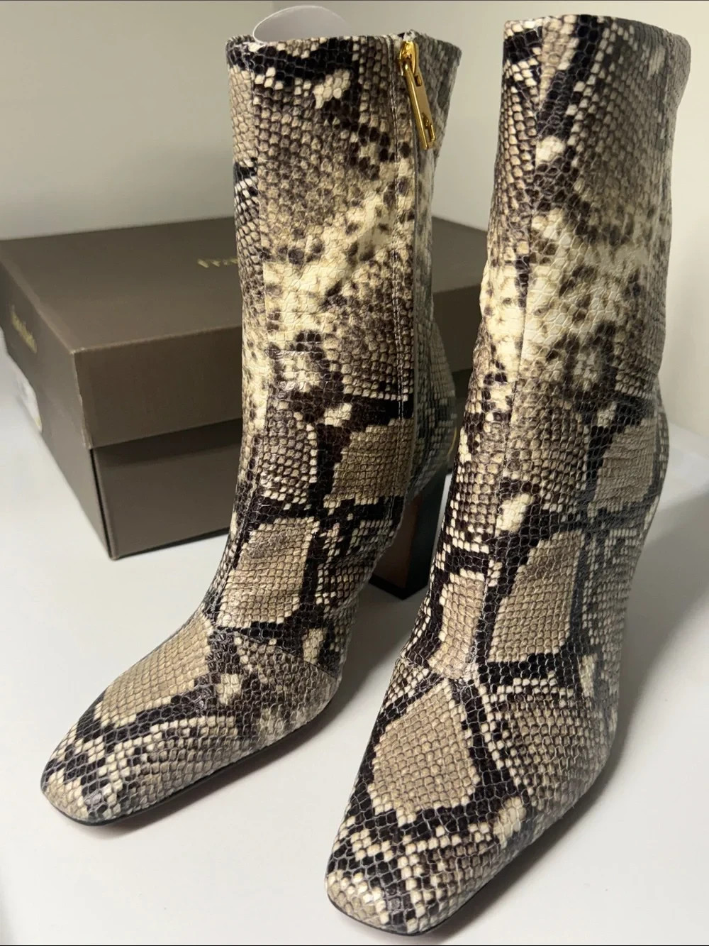 Franco Sarto L-Briar Snake-Print Women’s Ankle Boots in Taupe NEW