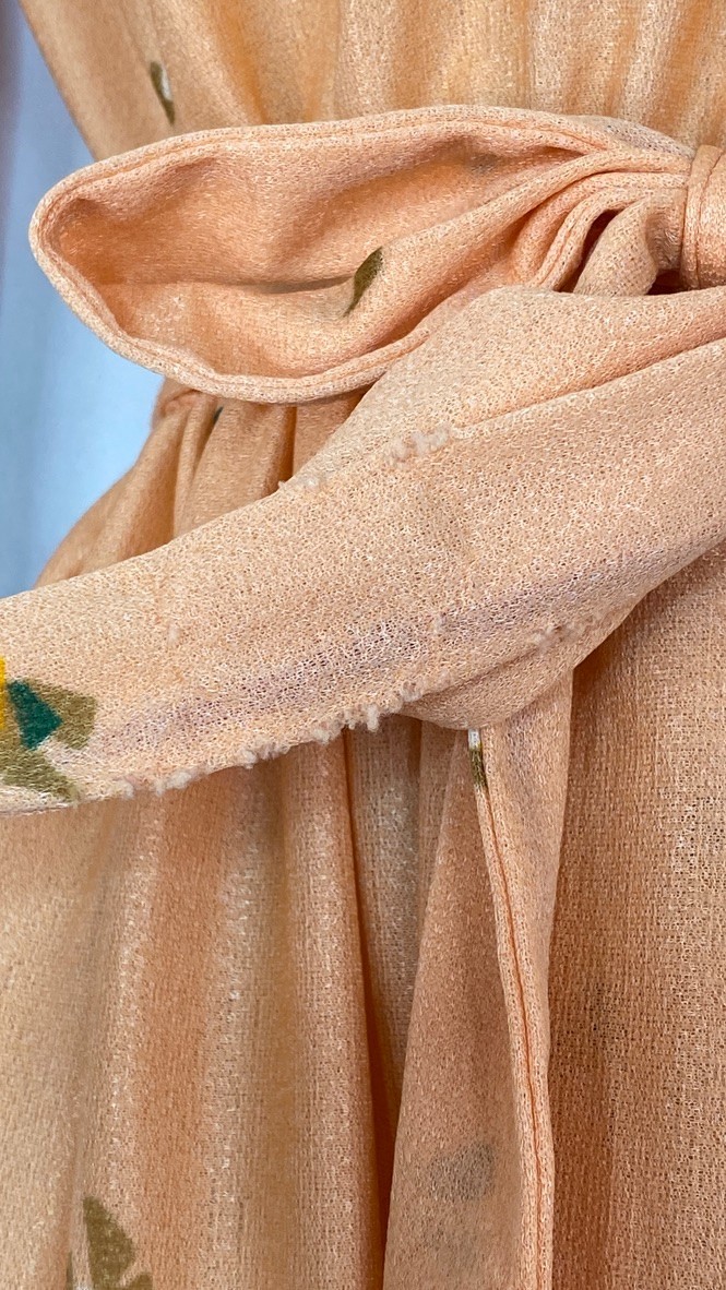 Vintage 1970s orange midi dress S M long balloon sleeve peach pullover sheer