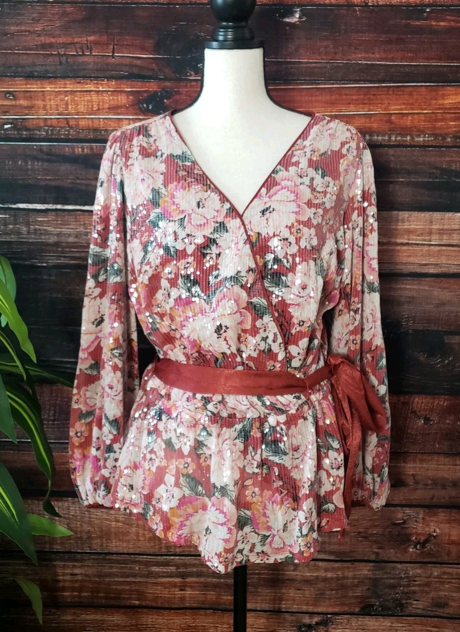 LC Lauren Conrad Plus Size 0X Sequin Puff Sleeve Wrap Top Blouse Belted Floral