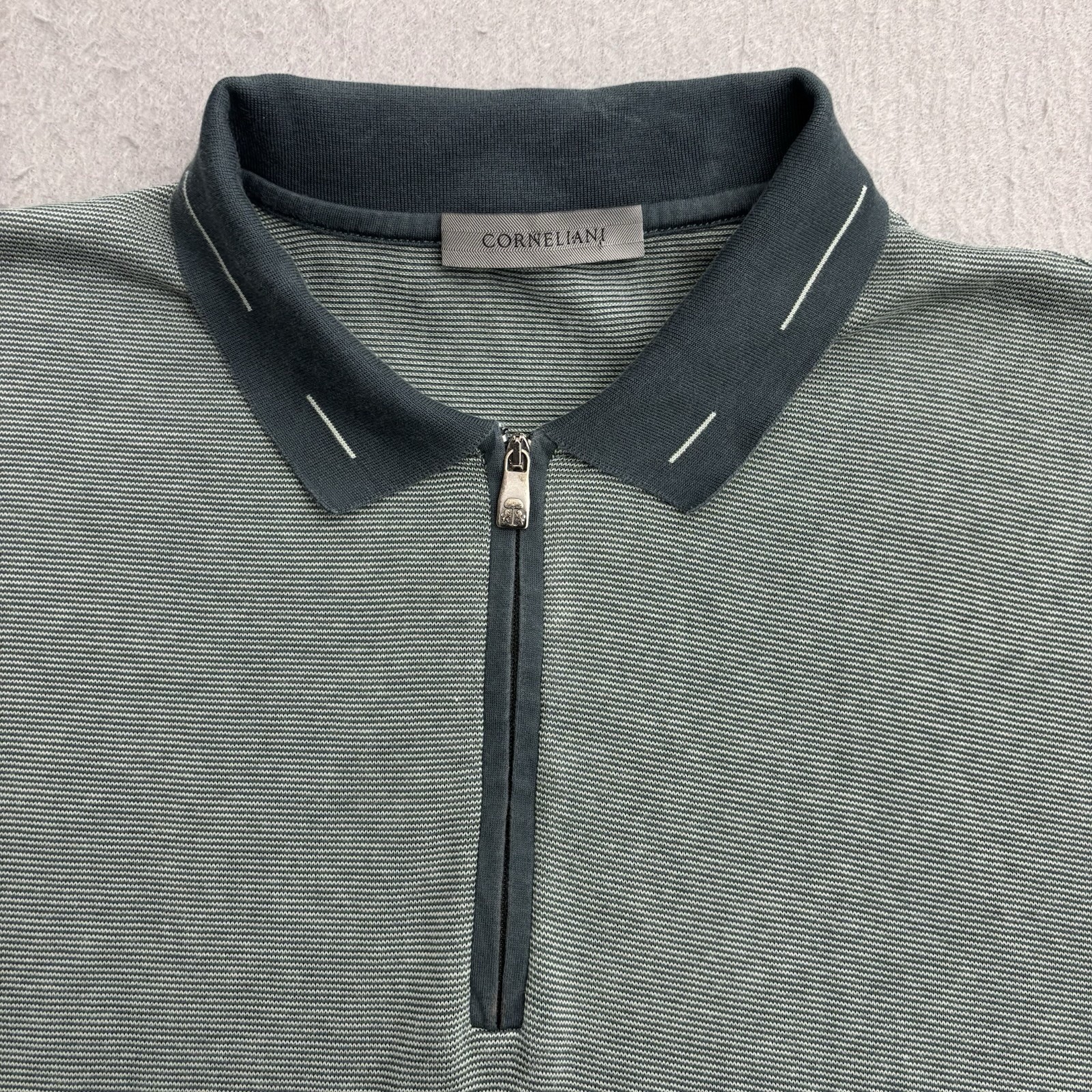 Corneliani Quarter Zip Polo Mens 54 Large Green Cotton Jacquard Pullover Italy